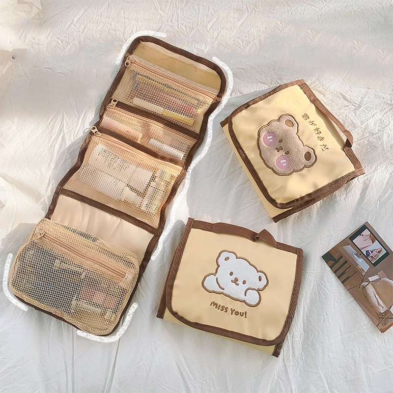 

Модные портативные косметички Ins, вместительная косметичка с мультяшным медведем, милые женские дорожные подвесные косметички для хранени...