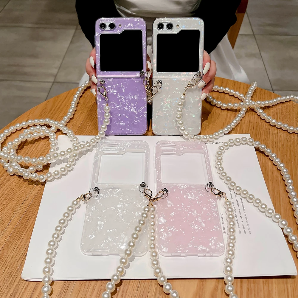 

Crossbody Pearl Chain Colorful Glitter Dreamy Conch Shell Pattern Phone Case For Samsung Galaxy Z Flip 5 4 3 Glossy Marble Cover