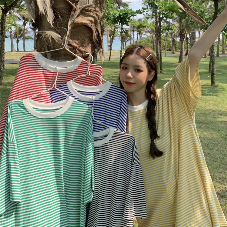 Женская футболка в полоску корейского стиля свободная одежда с коротким рукавом