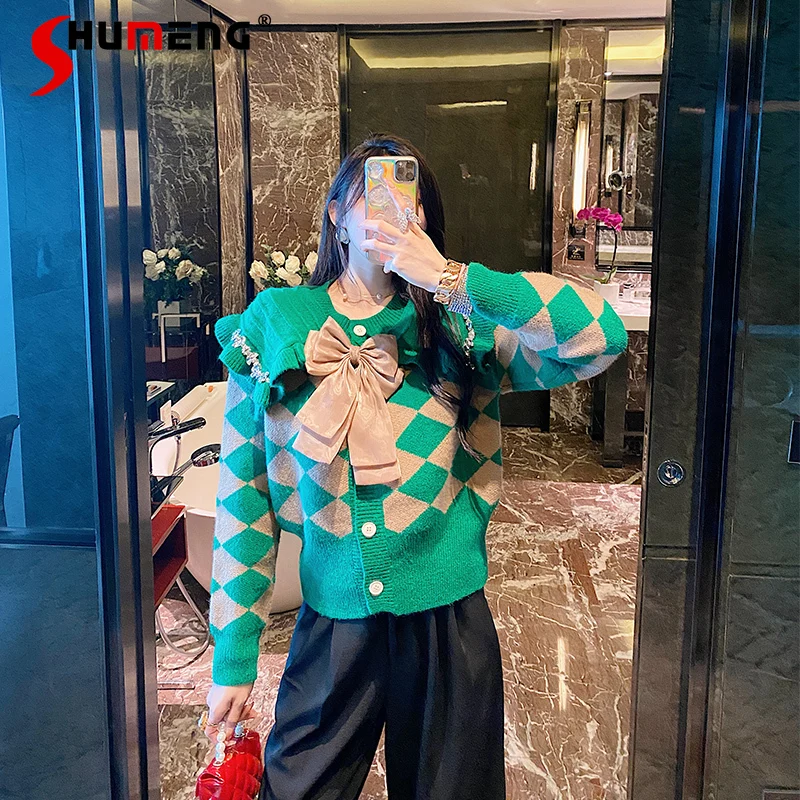 

New Female Fashion Classic Style Puff Sleeve Short Sweater Cardigan Coat 2022 Spring Women's Elegant Retro Plaid Knitted Top