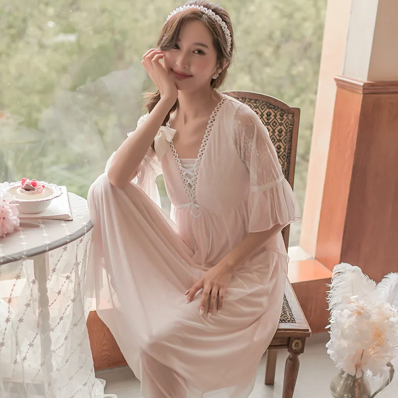 With Breast Pads Women's Nightgown Spring Sexy Nightdress Gauze Horn Sleeve French Sweet Palace Princess Dress Long Style Skirt