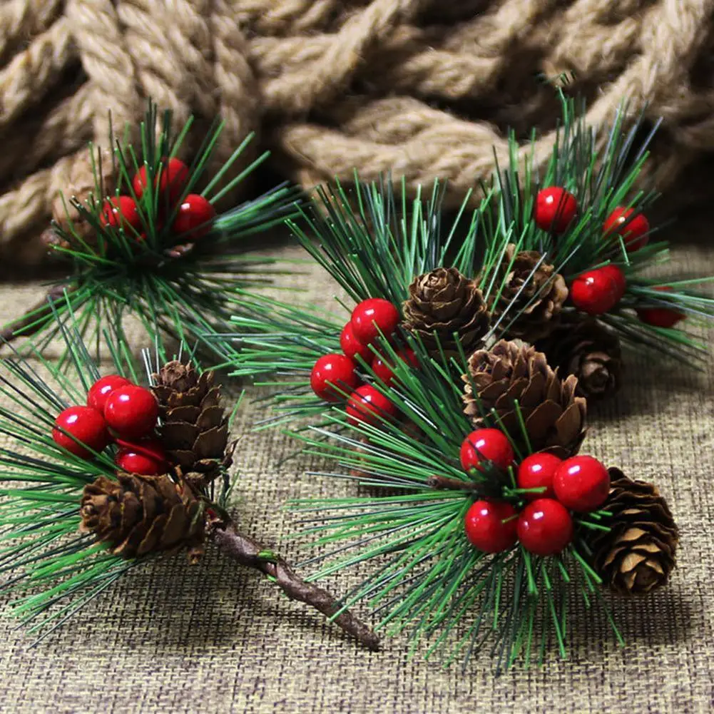 

10pcs Mini Simulation Christmas Pine Picks Stems Artificial Pine Needle Berry Plant For Xmas Party Home Decor Hanging Penda F6z1