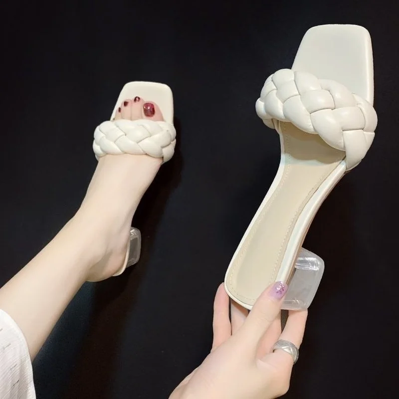 Fashion High Heels Sexy Summer Slipper Women Twist Woven Slides for Women Thick Heel Plus Size Crystal Heel Woman Shoes 2022