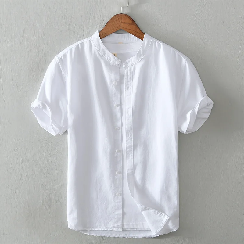 

Summer Simple Plain Short Shirt Men Stand Collar Short Sleeve Button Up Cotton Linen Shirts Oversized Boys Casual Tops Xxxl 4xl
