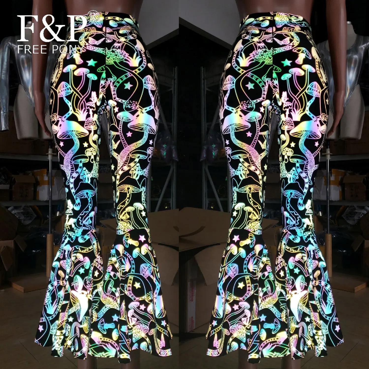 

Женские радужные Светоотражающие Брюки ручной работы с высокой талией