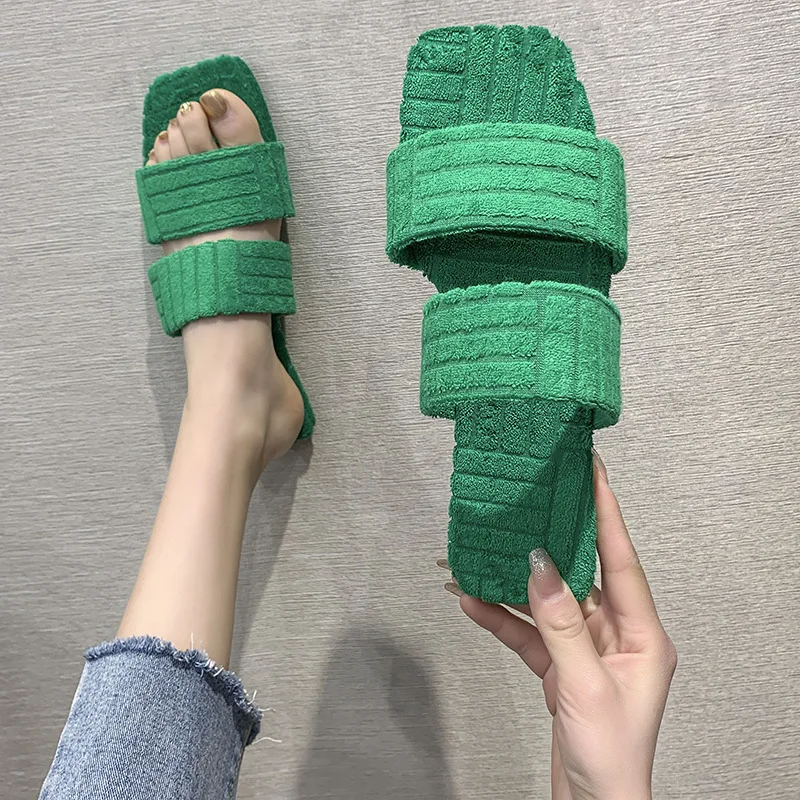 Autumn Winter 2022 European And American New Flat Outer Wear Square Tips Indoor Fashion Simple Pure Color Cotton Slippers