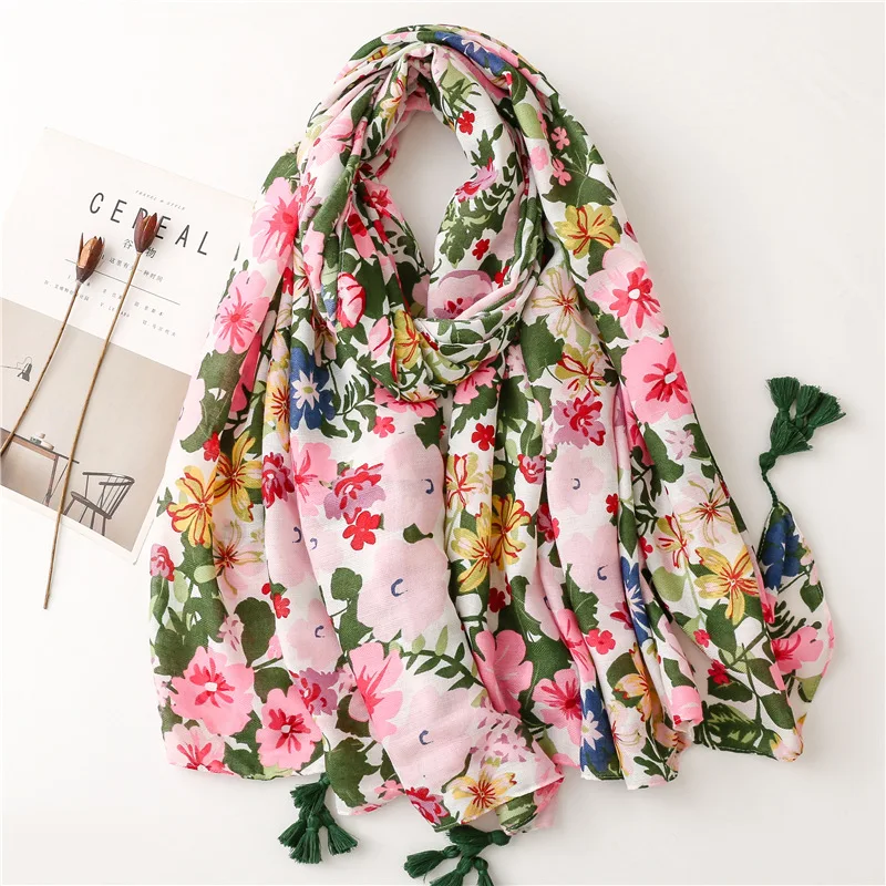 

Cross-Border Foreign Trade Plant Flower Series Bright Color Printed Beach Towel Long Hanging Tassel Soft Cotton and Linen Scarf