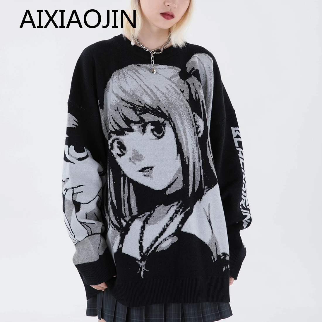 AIXIAOJIN 2022 Spring Fall Hip Hop Street Style Retro Style Harajuku Knit Sweater Anime Girls Knit Death Note Sweater Sweater