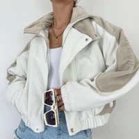 trendy color contrast design harajuku high necked plush jacket waist loose loose workwear jacket cropped jacket pink coat 2022