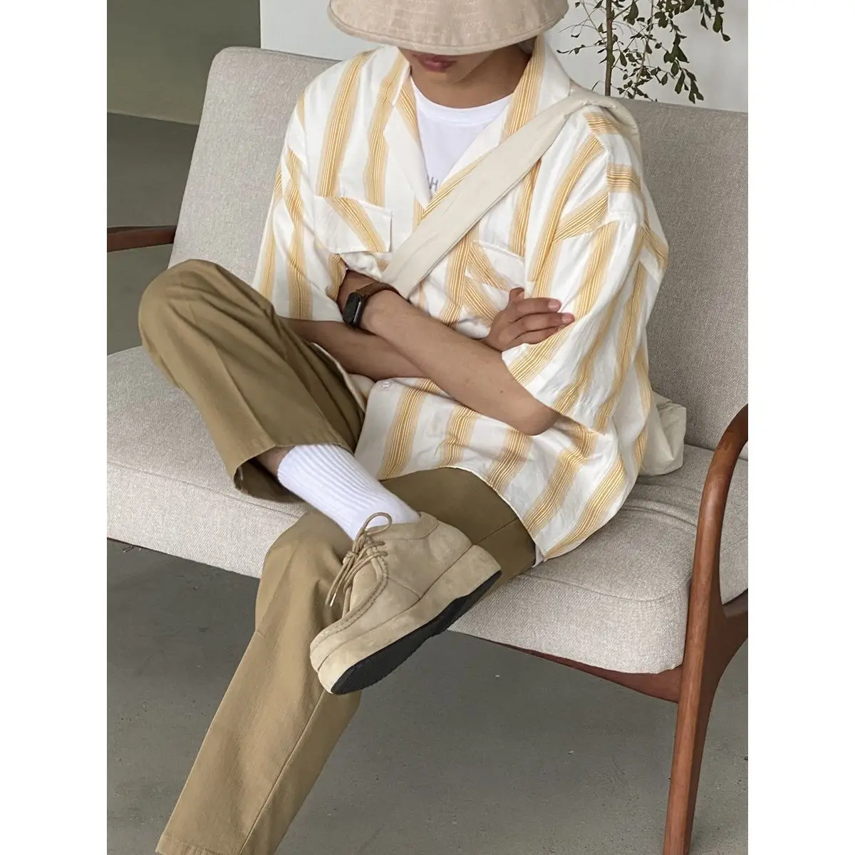 Japanese Retro Stripe Blue Short Sleeve Shirt 2022 Summer New Loose Casual Blouse Elegant Menswear Fashion Clothing