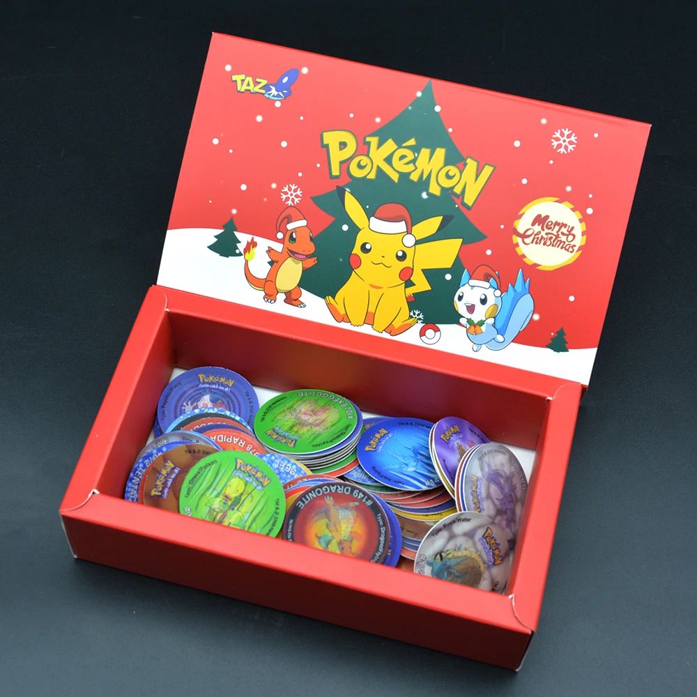 

Pokemon Tazos New Christmas Card Box Plastic Card Lovely Pikachu ASH Collection Game Card First Edition Children's Birthday Gift