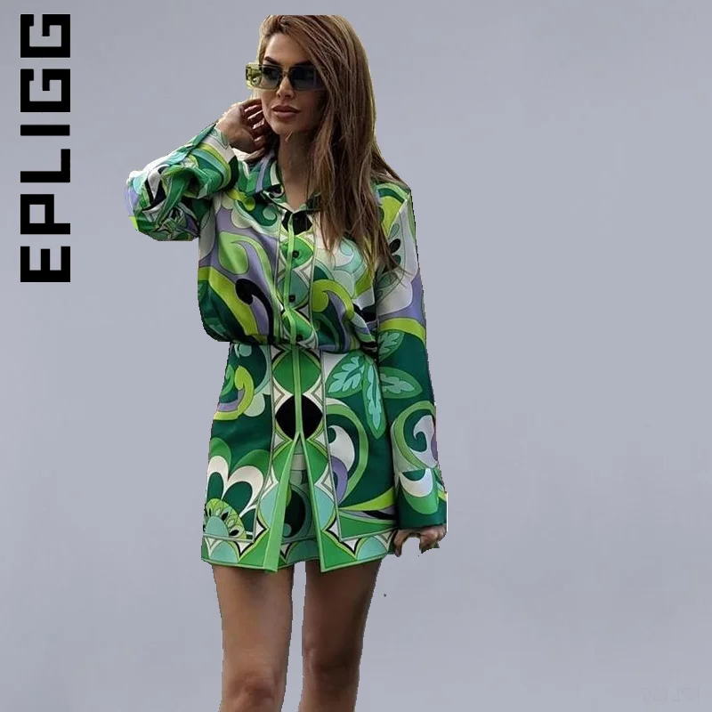 

Epligg New Print Blouses+Skirts Set Short Pants Retro Lady 2 Piece Set Sexy Womens Joggers Women Basic Sweatsuits For Women