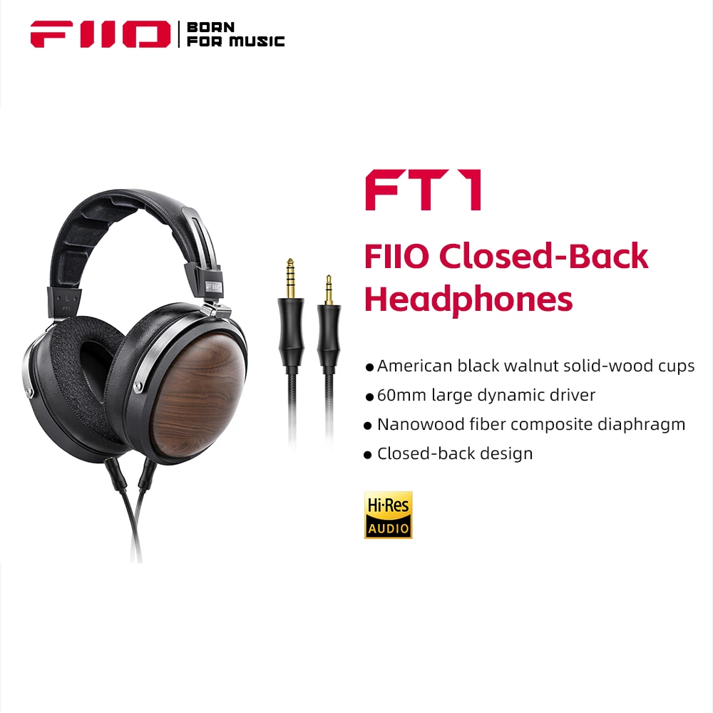 Фото Накладные наушники FiiO FT1 с закрытой спинкой из нанодревесного волокна и композитной диафрагмы, проводные Hi-Fi наушники, американские черные деревянные наушники для студии №1