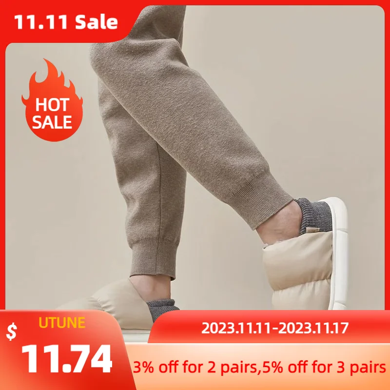 

UTUNE PU Winter Women Slippers Warm Plush Outside Men Shoes Soft Thick Sole Home Non-slip Indoor Slides Waterproof Snow Boots