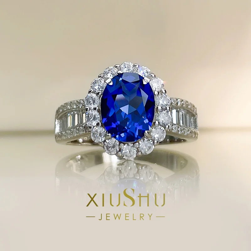 

3-Carat Daily Synthetic Cornflower Sapphire Ring Female Design Small Luxury Wide Arm Super Flash
