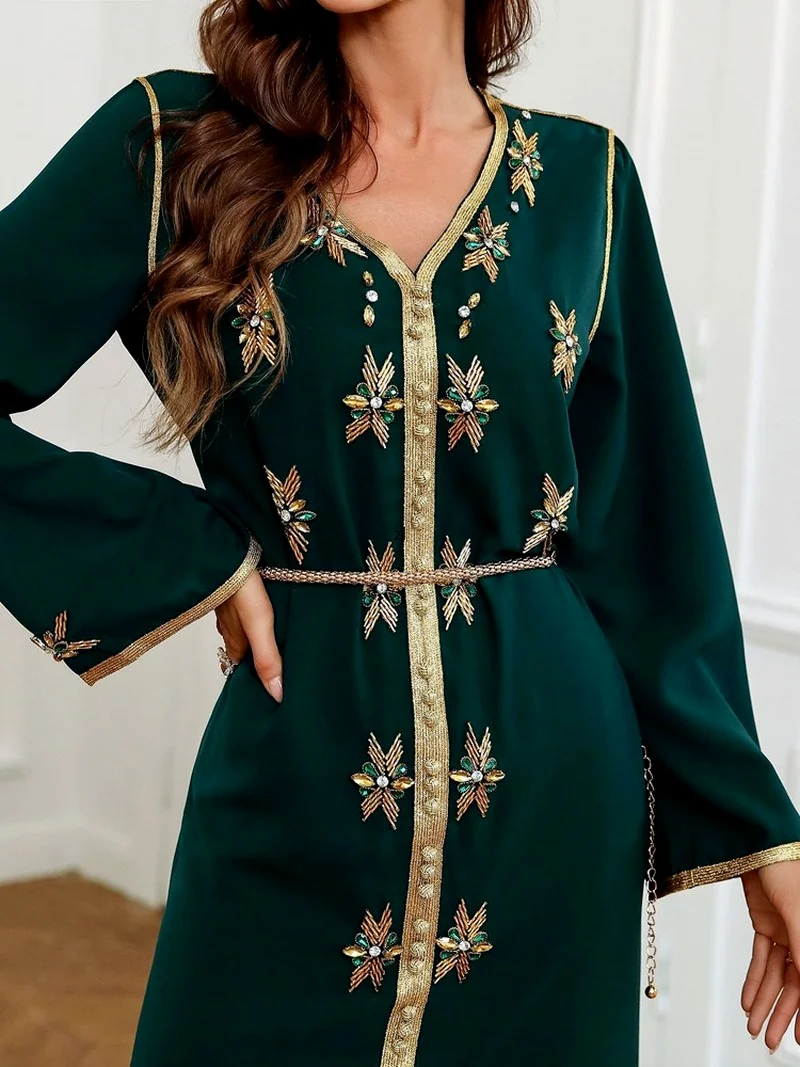 Rhinestones Moroccan Kaftan Maxi Dress Women Fashion Handwork Front Slit Golden Trim Muslim Party Night Gown + Belt  audi Dubai