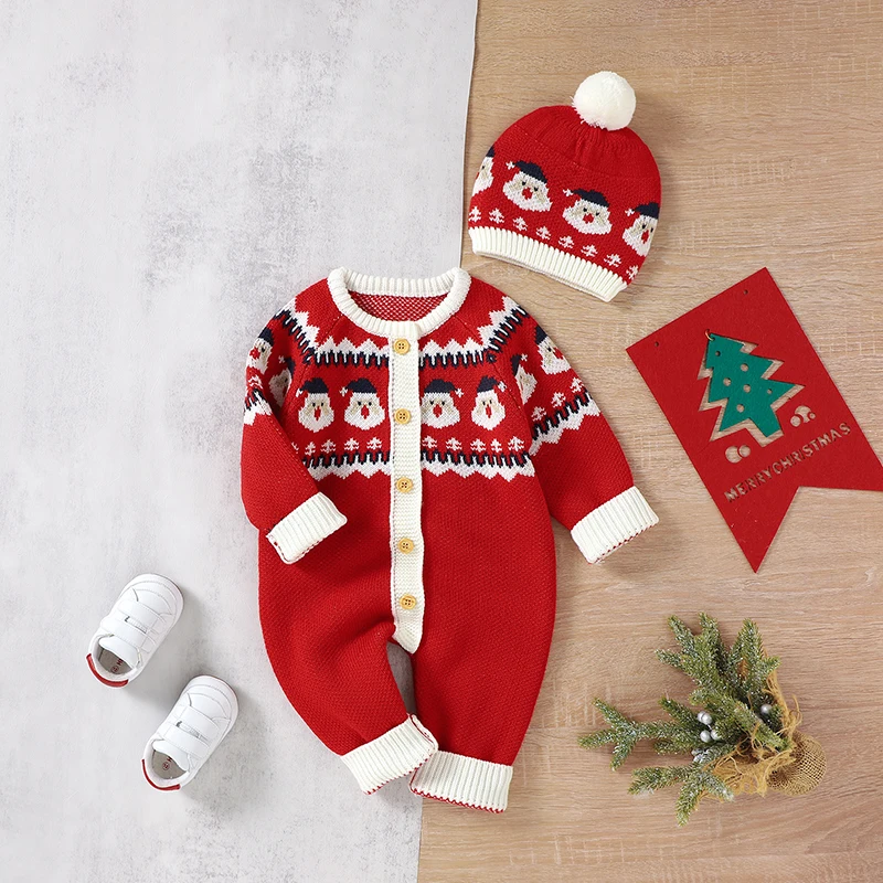 

Christmas Baby Romper Knit Newborn Girl Boy Jumpsuit Hat 2PC Long Sleeve Toddler Infant Clothes Cute Santa Claus 0-18M Overalls