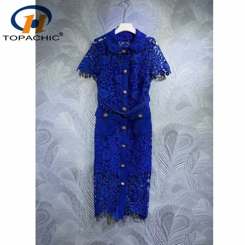

4.5 High Quality Temperament Hollow Out Lace Single Breasted Diamonds Button Short Sleeve Belt Package Hip Dress Women