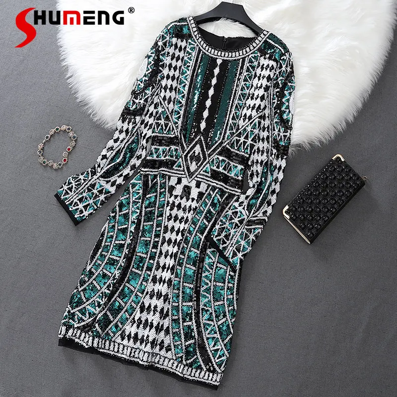 

European New Fashion Streetwear Mid-length Banquet Women's 2023 Spring Elegant Trend Beaded Sequins Sweet Long Sleeve Dress