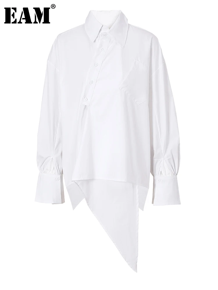 

[EAM] Women White Irregular Big Size Blouse New Lapel Long Sleeve Loose Fit Shirt Fashion Tide Spring Summer 2023 1DE029901