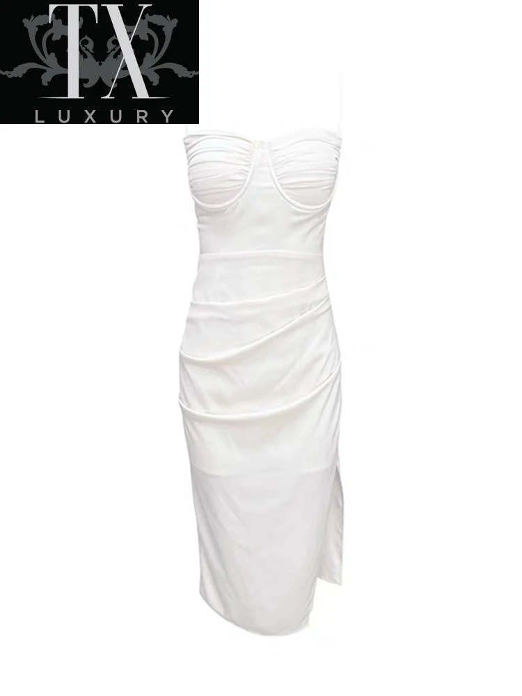 

New Summer Women Solid Bodycon Slit Dress Sexy V Neck Spaghetti Strap Folds Club Party Long Dresses French Elegant Vestidos Lady