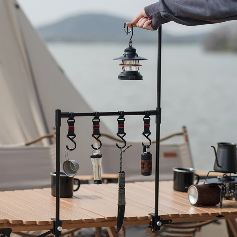 

Camping Lantern Stand Foldable Cookware Hanging Rack Camping Hanging Rack Camping Cookware Organizer Shelf with Hooks