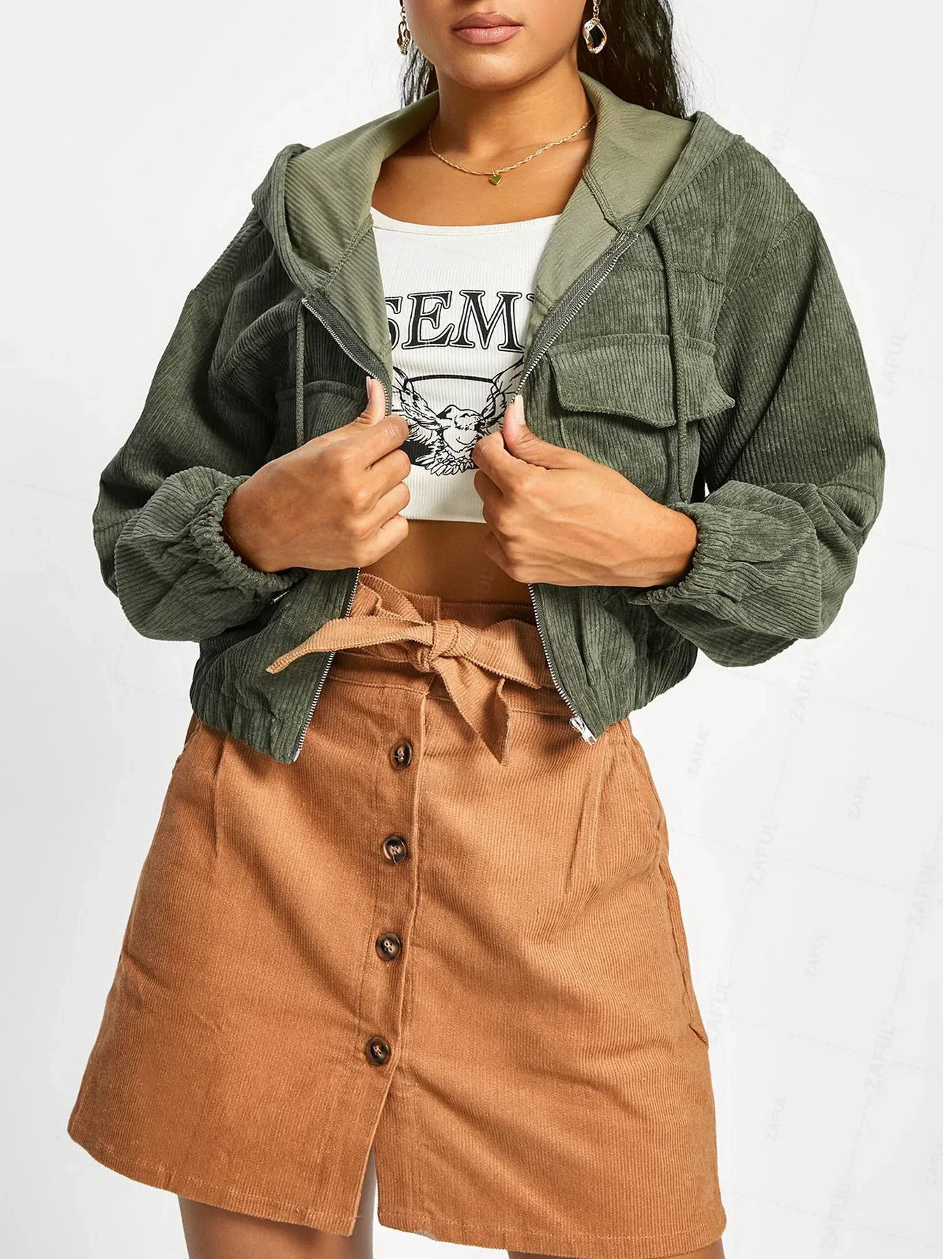 ZAFUL женская вельветовая куртка с заниженными плечами и карманами капюшоном на