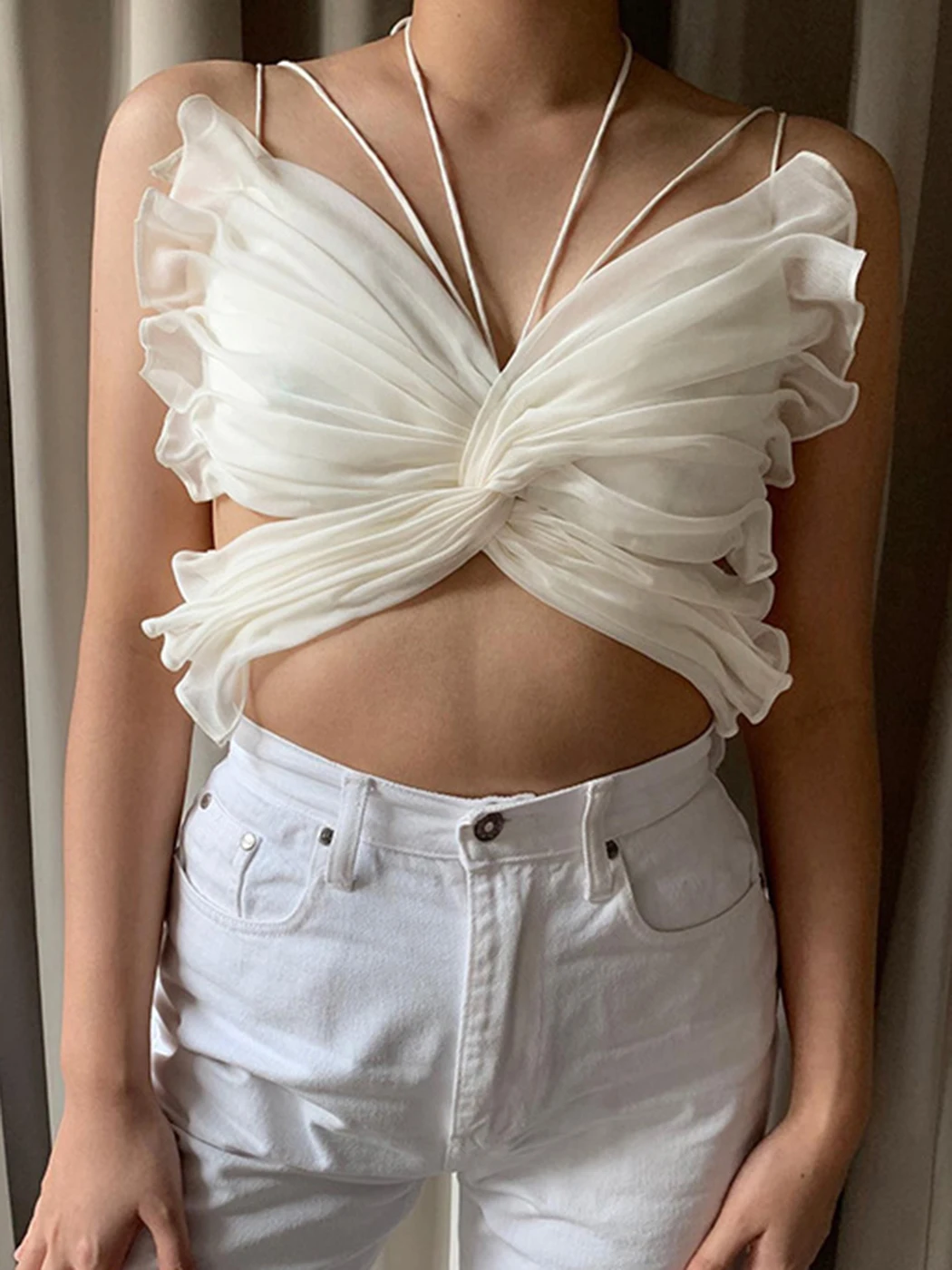 

2022 White Butterfly Crop Top Backless Sexy Halter Neck Summer Hollow Out Women Tank Tops Y2K Sleeveless Cami Party Female