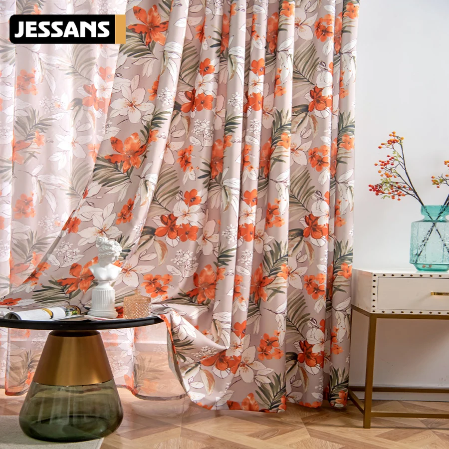 

American Pastoral Orange Lily Flower Shading Cotton and Linen Bedroom Curtains Printing Plant Living Room Window Villa Drapes