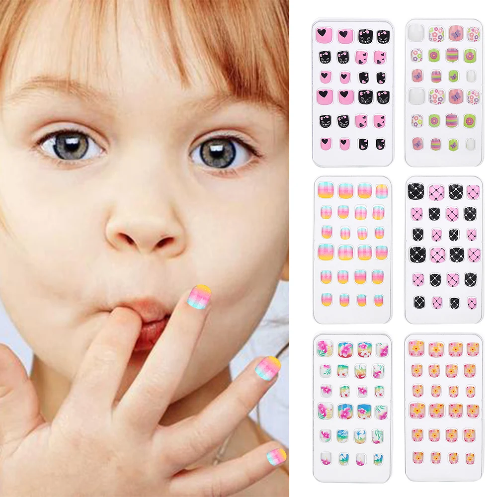 

24 шт./компл., съемные накладные ногти в мультяшном стиле, полностью закрывающие накладные ногти для детей, накладные ногти для девочек, декор для ногтей, подарки для детей