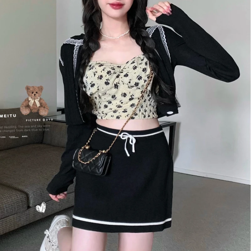

Y2k Irregular Long Sleeve T-shirt Women Knitted Lace Cardigan with Elastic Halter Neck Camis Tank with Skirt 3 Piece Tops Korean