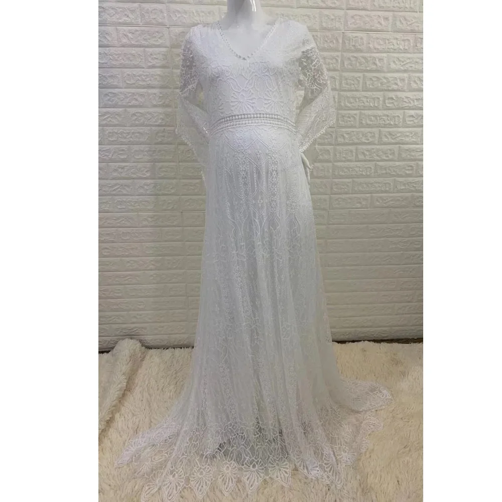 Maternity Wedding Evening Dresses White Bride Pregnant Baby Showers Photoshoot Women's Elegant Lace Maxi Gown For Shooting Photo images - 6