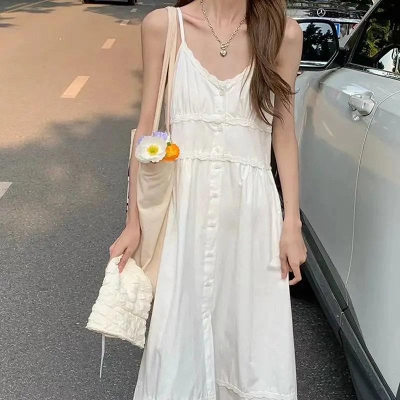 

Summer White Slip Korean Style Dress Women Fairy Kawaii Lace Backless Long Dresses Chic Elegant Beach Sundress Aesthetic