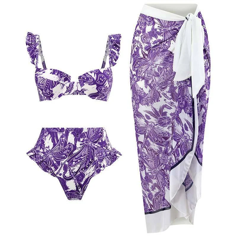 Patchwork Print Chic One Piece Swimsuit Bowknot Lace Up Bikinis Two-piece Swimwear Vacation Beach Outfits Swimming Suit Backless