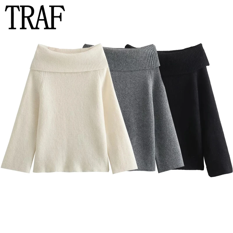 Женский трикотажный свитер с открытыми плечами и длинным рукавом