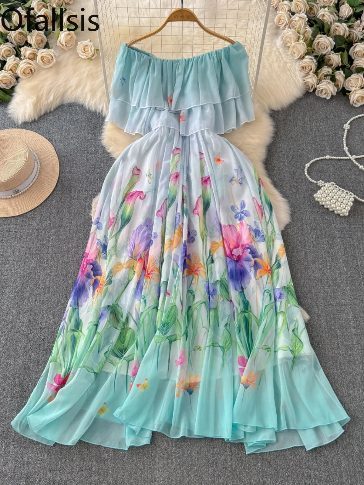 sis Fanhua Series Vacation платье с открытыми плечами и принтом 2024 новые шикарные роскошные