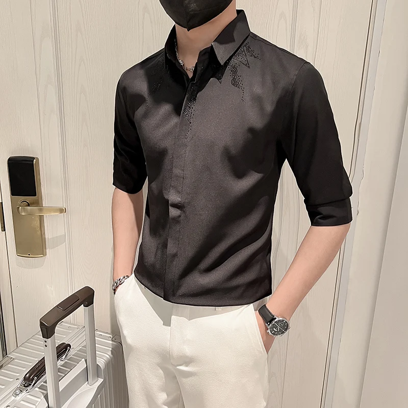 Rhinestone Men's Shirts Summer Half Sleeve Slim Casual Shirt Streetwear Social Party Nightclub Men Clothing Camisas Para Hombre