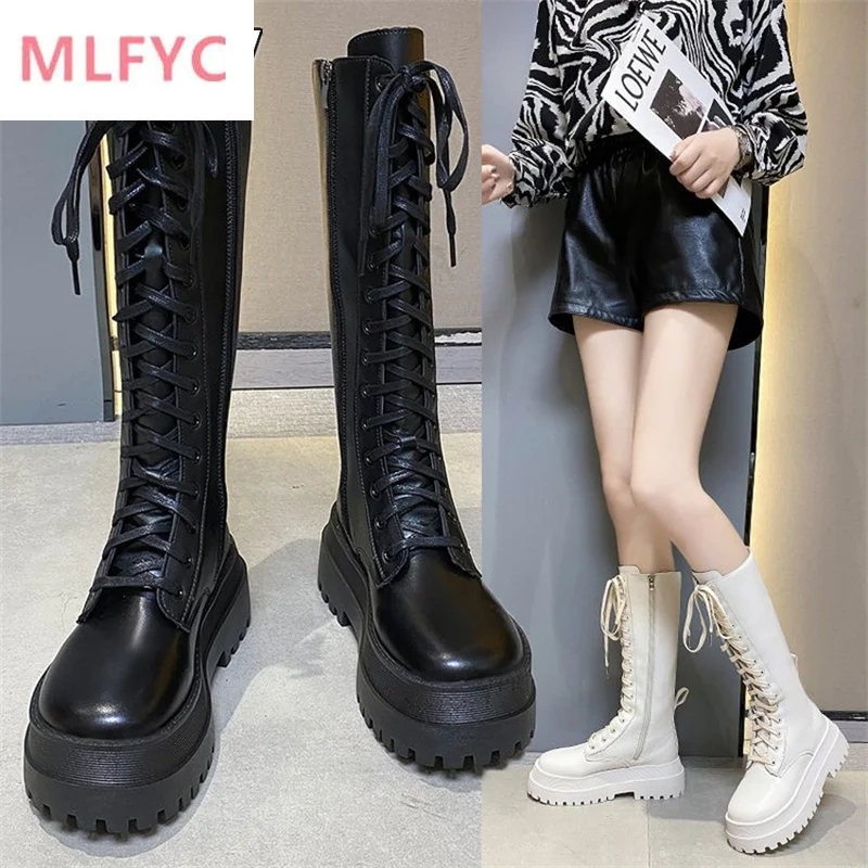 

Long boots women's 2022 spring and autumn new fashion muffin heel side zipper lace thick sole high heel skinny knight boots