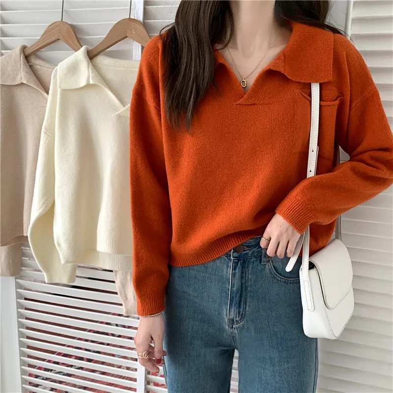

Basic Women's Sweater Polo Collar Solid Color Casual Warm Simple Knitted Top Loose Pocket Female Long Sleeved Clothes