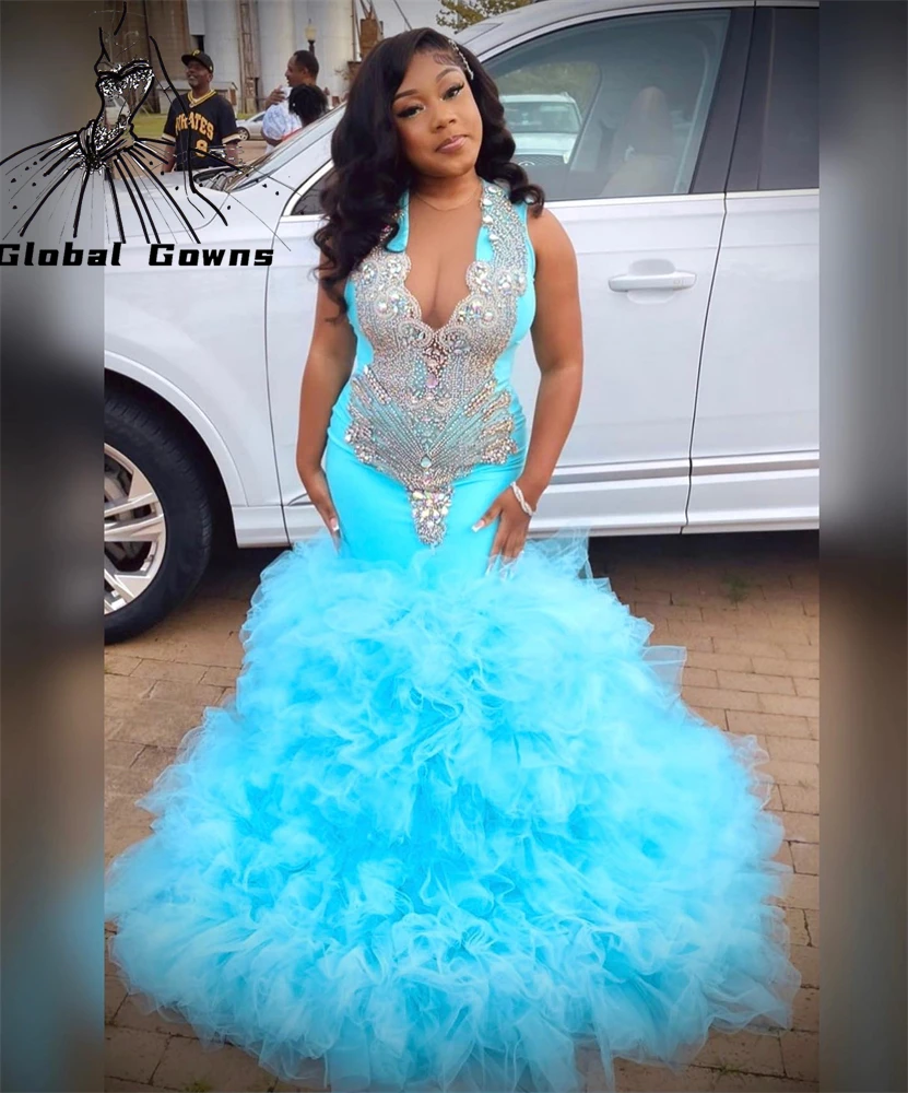 

Lake Blue Sheer O Neck Long Prom Dress For Black Girls Beaded Crystal Birthday Party Dresses Ruffles Mermaid Evening Gown Robe