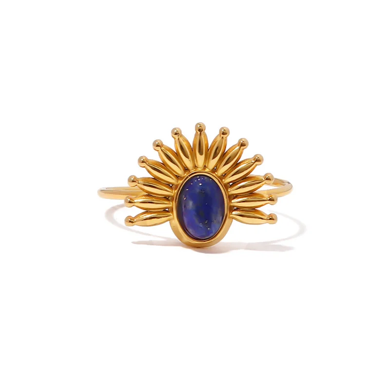 

Minar New Chic Navy Blue Natural Stone Lapis Lazuli Charm Rings Women 18K Gold Stainless Steel Tarnish Free Sun Adjustable Ring