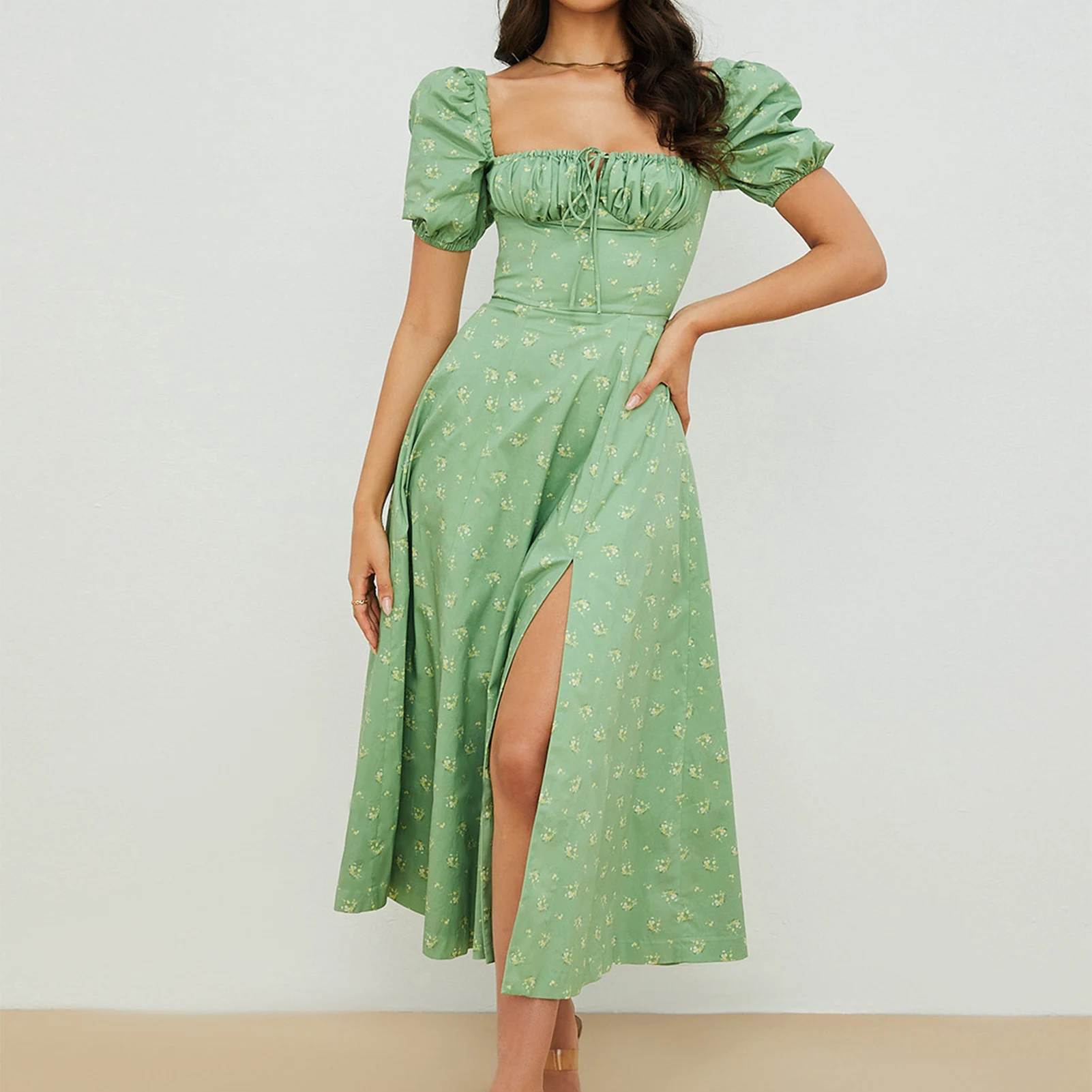 

Women Long Dresses Puff Sleeve Lady Split Dress Square Neck Big Swing Dress Lace-up Spring Summer Clothes Beach Sundresses