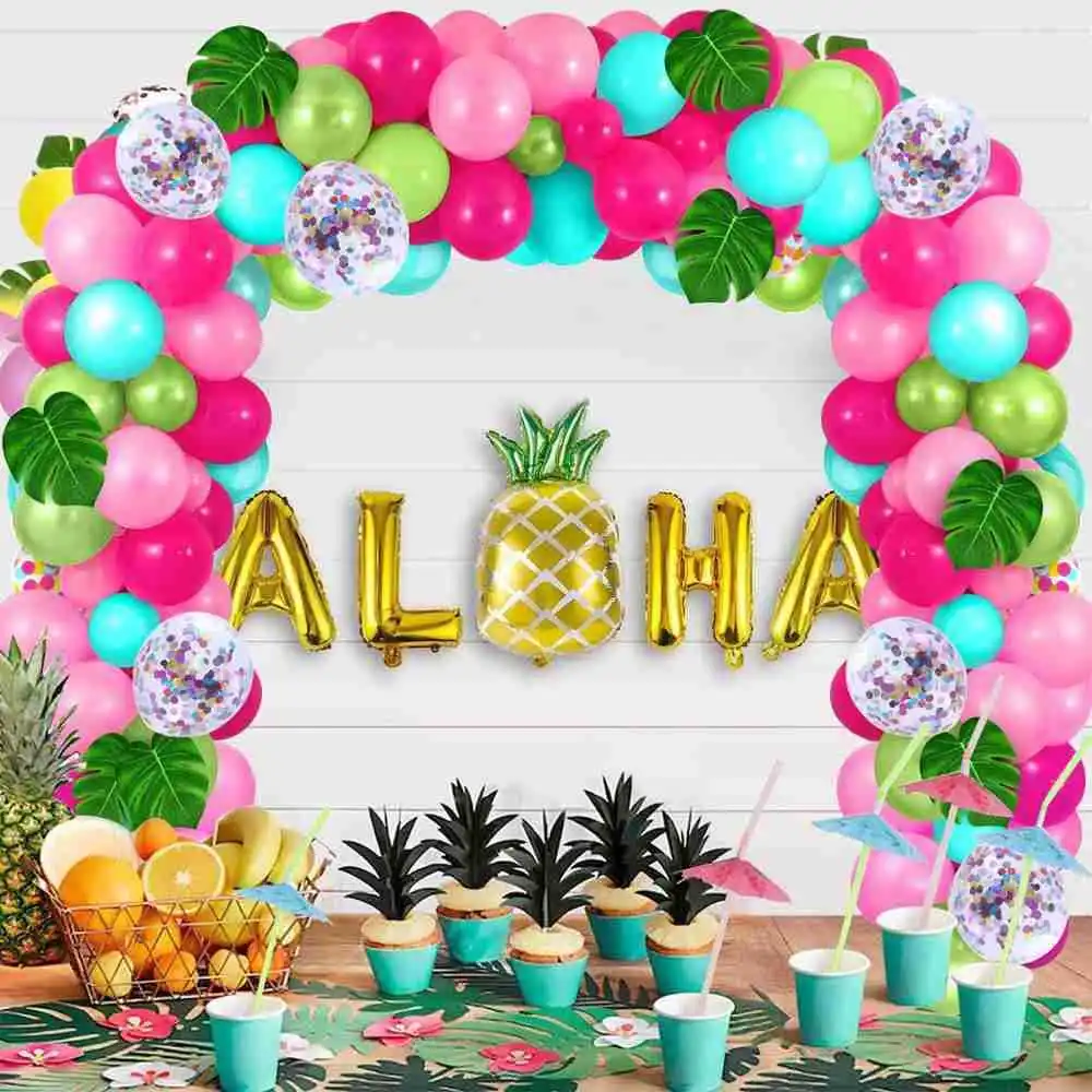 

SURSURPIRSE Tropical Flamingo Theme Rose Red Pink Balloon Garland Arch Kit Palm Leaf for Kids Hawaii Birthday Party Decoration