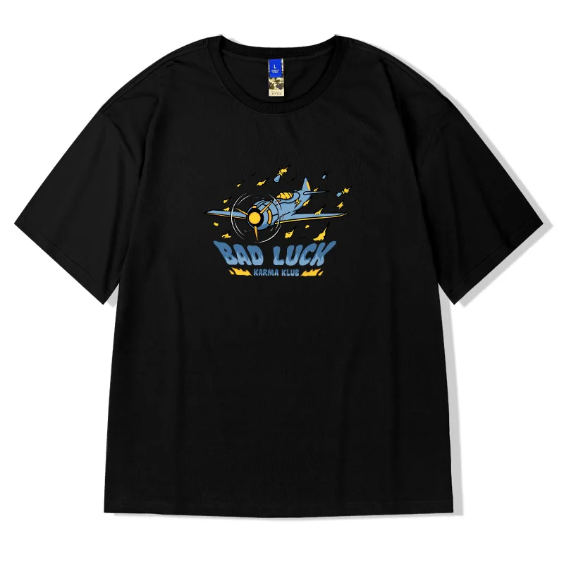 

YlSHioo Summer Bombing Fighter Print Cotton Large Size Half-sleeved Ins Trend Personality Fashion T-shirt Men's Trend Tee