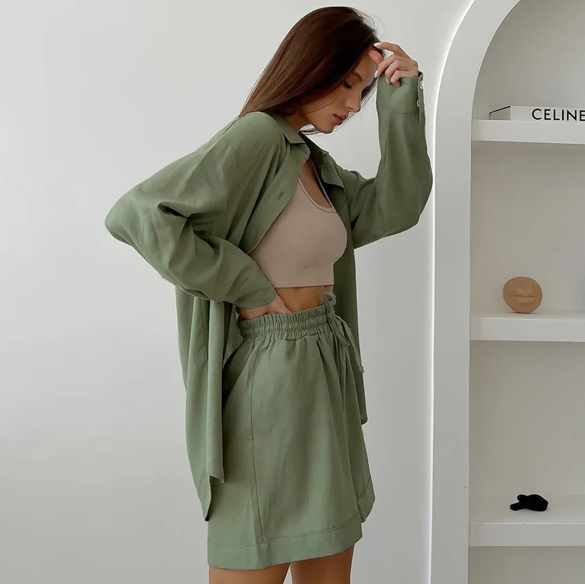 Autumn Cotton Linen Pajamas Green Fashion Casual Shirts Shorts Two-piece Loose Women Home Clothes Pyjama Femme Sexy Sleepwear