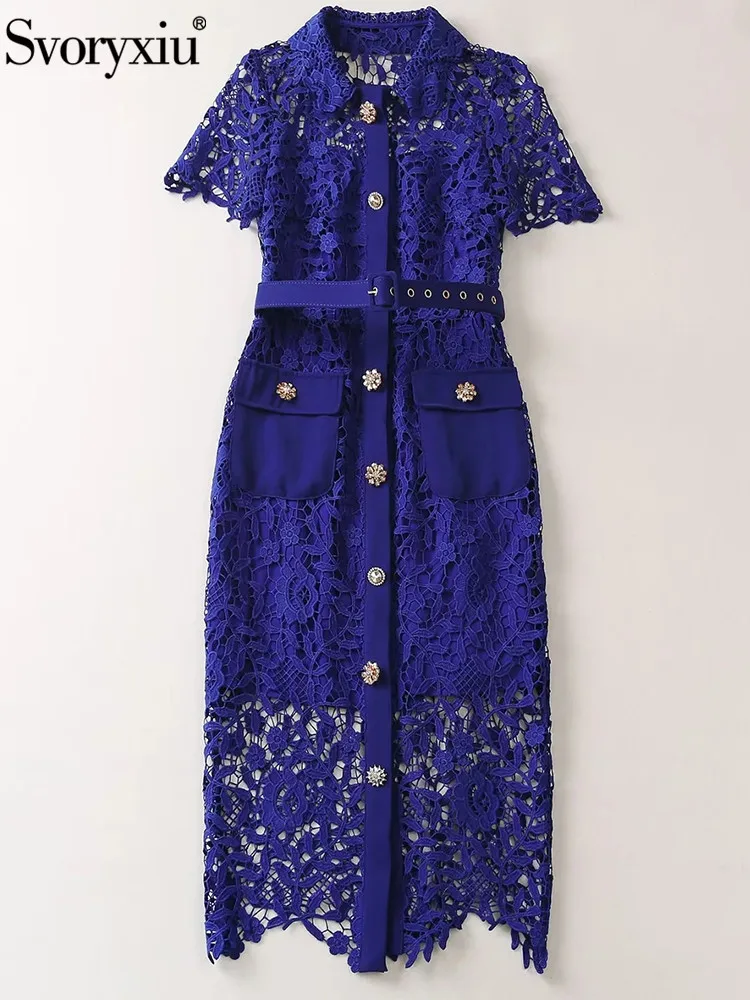 Svoryxiu Designer Fashion Summer Vintage Lace Hollow Out Pencil Midi Dress Women's Short sleeve Button Sashes High Waist Dress