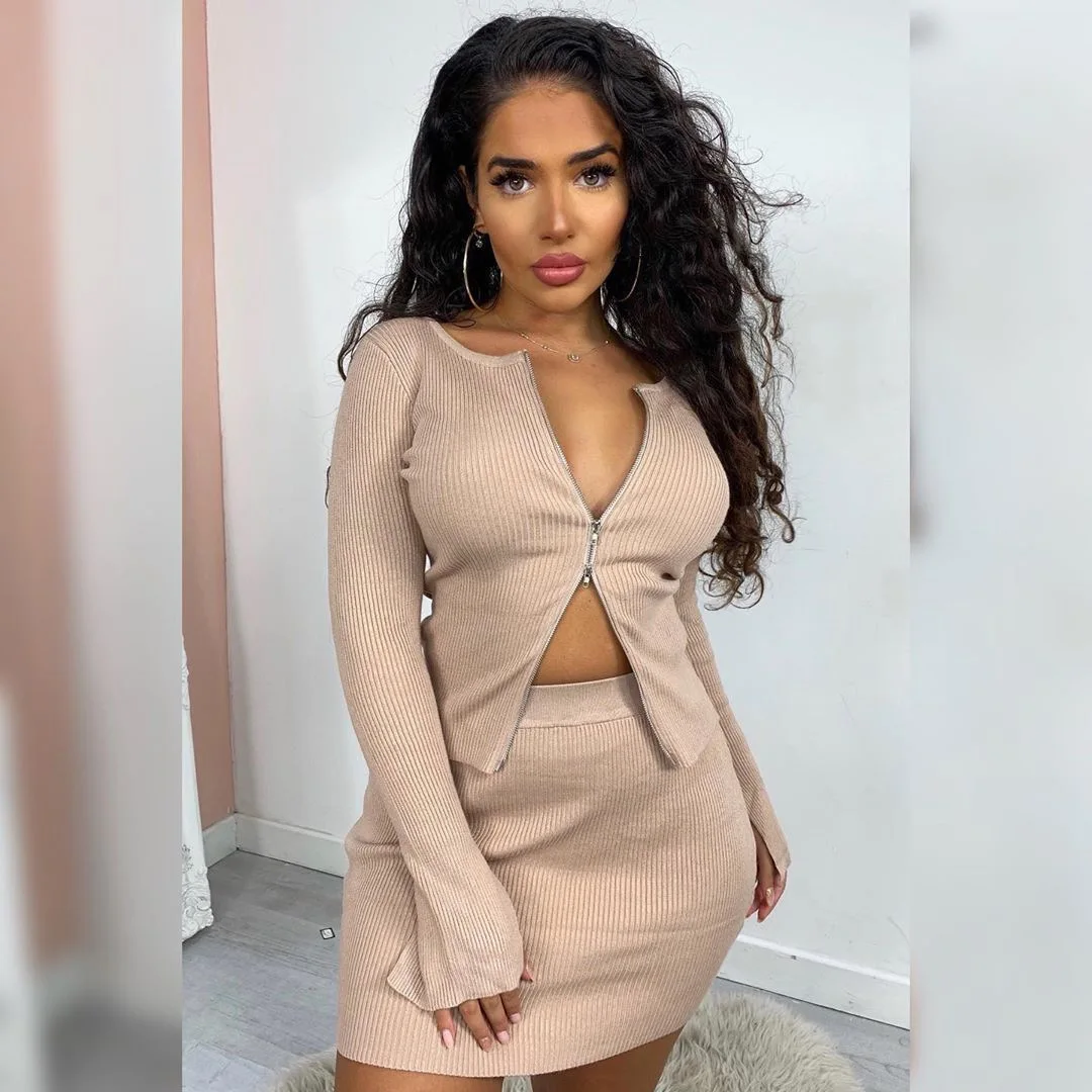

Skirt Sets Women Spring Summer 2022 Sexy Slim Double Zipper Long Sleeve Top + Mini Skirt Outfits Casual Skirts Two Piece Set