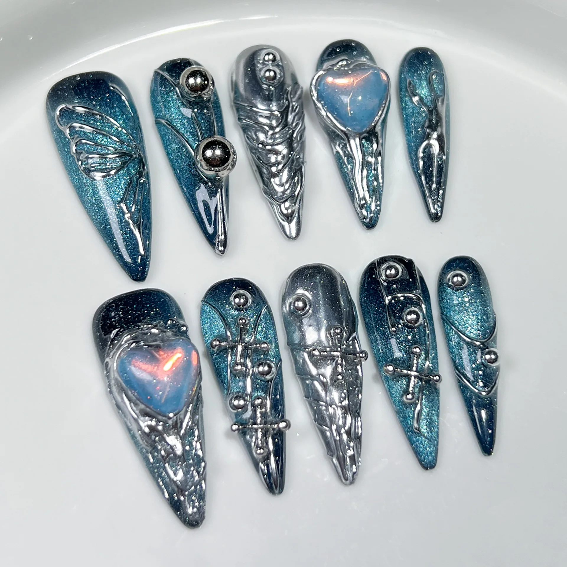 Фото Ручная работа Y2K Press on Nails Синий Роскошный тисненый металлический дизайн Длинные накладные ногти Stelitto для девочек Носимый маникюр Полное покрытие №2