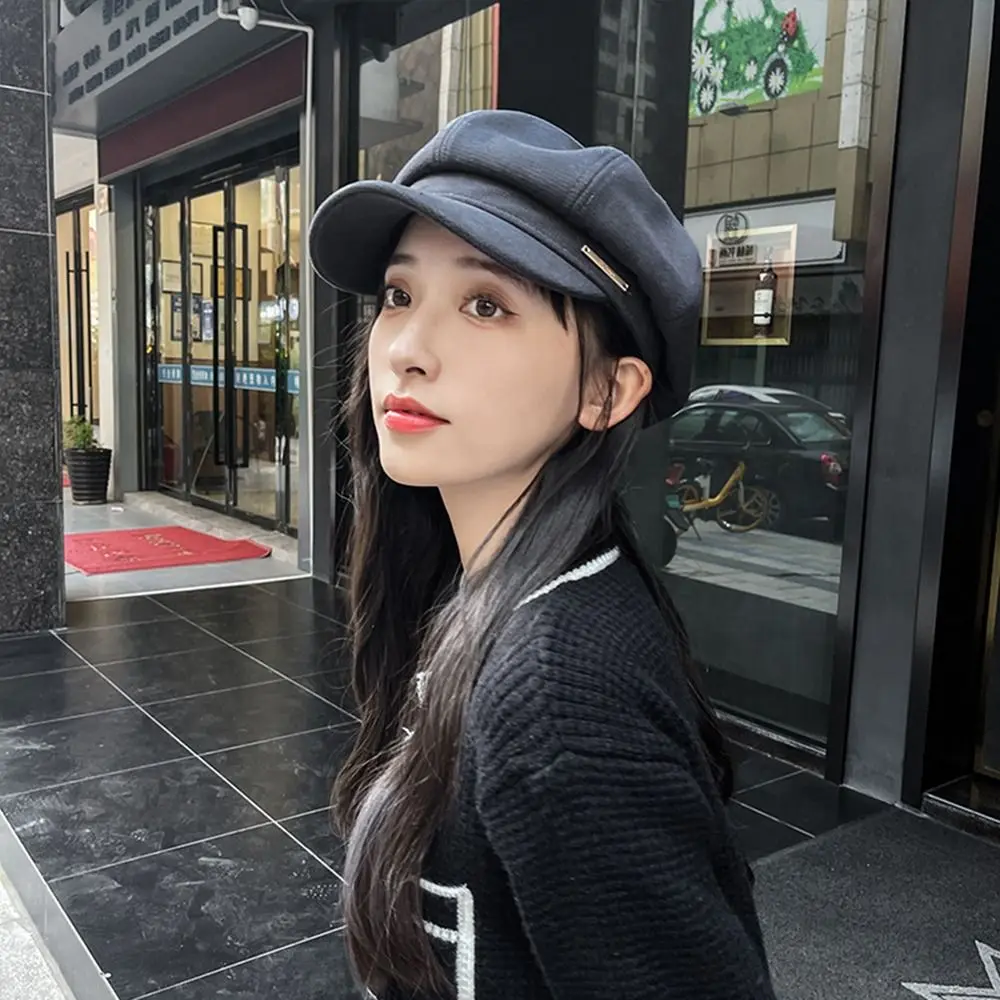 

Elegant Solid Color Korean Style Keep Warm For Women Artist Hat Painter Hat Woolen Beret Octagonal Cap Women Visors Cap