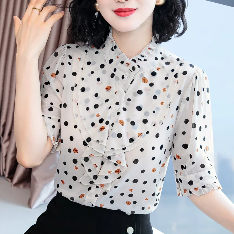 

Elegant Ruffles Button Spliced Folds Polka Dot Shirt Women's Clothing 2023 Spring New Casual Tops All-match Office Lady Blouse